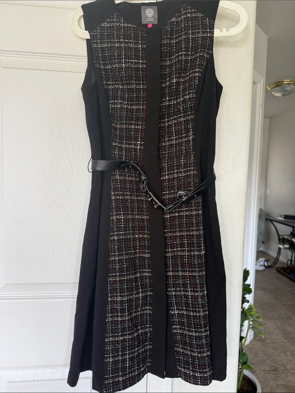 Vince Camuto Sleeveless Black Tweed-Panel A-Line Dress with Belt